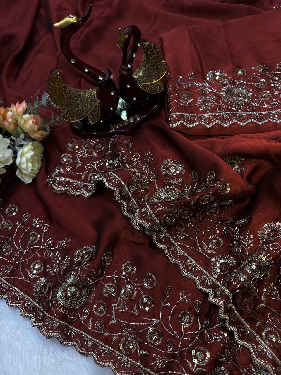 Maroon Lightweight Soft Rangoli Silk Embroidery Work Saree