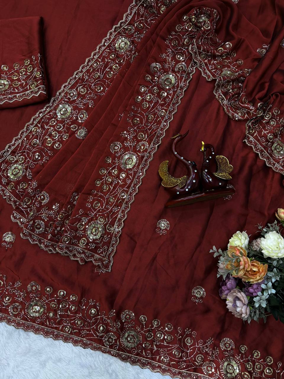 Maroon Lightweight Soft Rangoli Silk Embroidery Work Saree