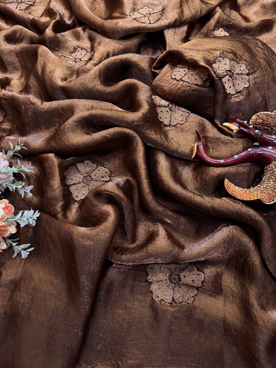 Chocolate Brown NC Silk Saree with Floral Embroidery Motifs
