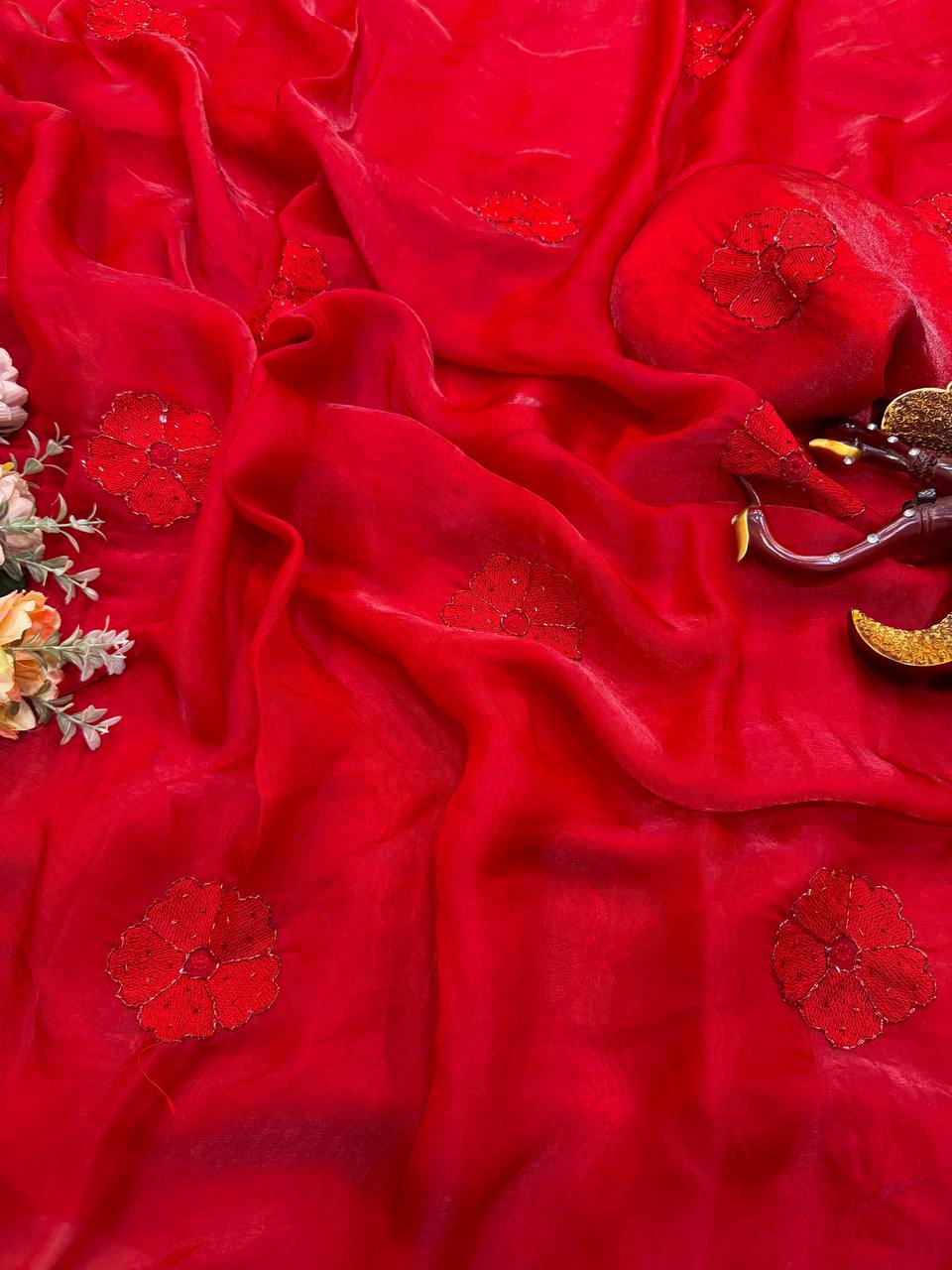 Scarlet Red NC Silk Saree Featuring Tone-on-Tone Floral Embroidery