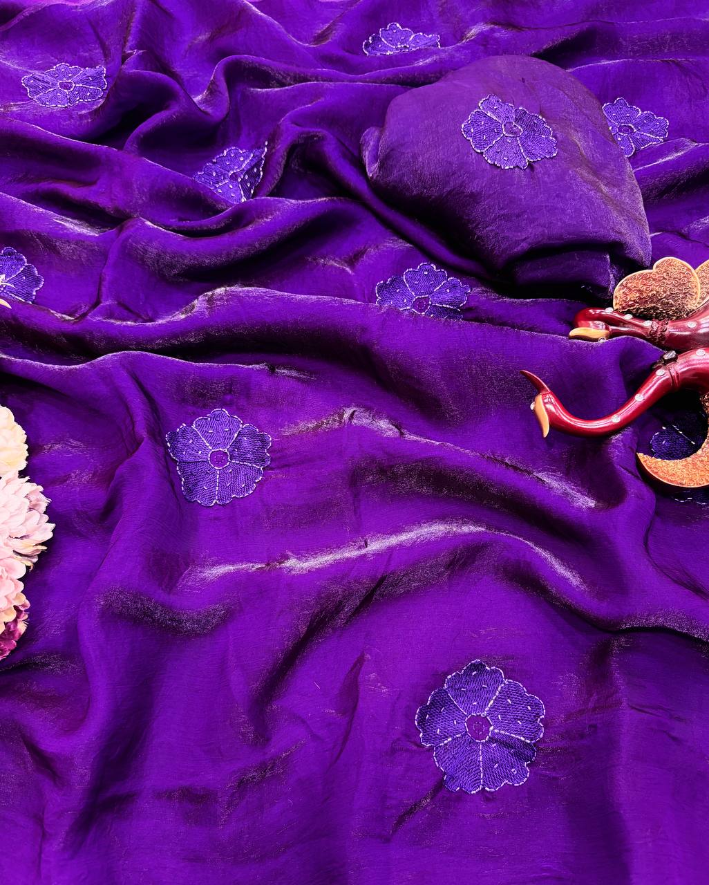 Deep Violet NC Silk Saree with Tone-on-Tone Floral Threadwork