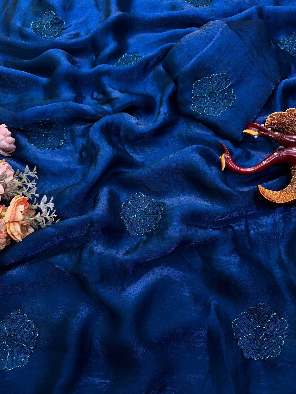 Royal Indigo Blue NC Silk All-Over Flower Embroidered Saree
