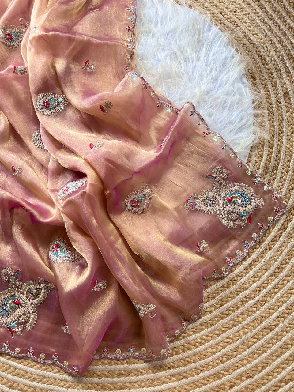 Dusty Peach Super Soft Simmer Tissue Saree with Codding Sequins Embroidery & Peacock Paisley Butta