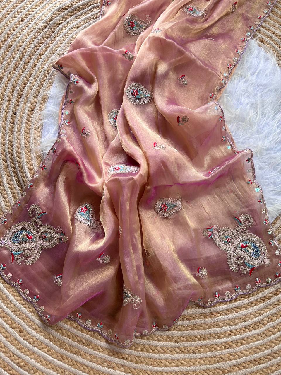 Dusty Peach Super Soft Simmer Tissue Saree with Codding Sequins Embroidery & Peacock Paisley Butta