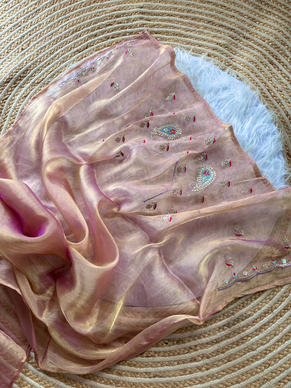 Dusty Peach Super Soft Simmer Tissue Saree with Codding Sequins Embroidery & Peacock Paisley Butta
