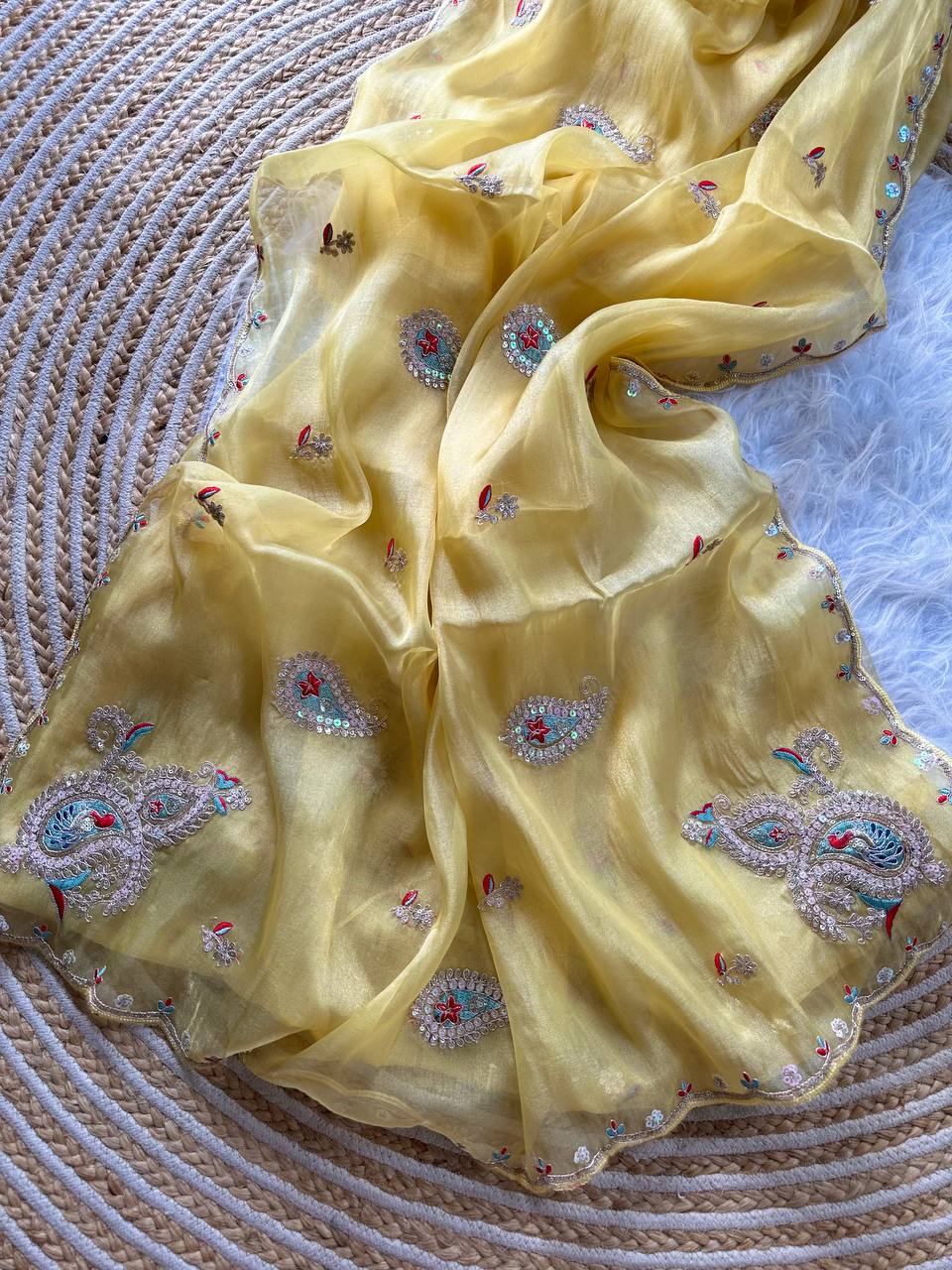 Yellow Super Soft Simmer Tissue Saree with Codding Sequins Embroidery & Peacock Paisley Butta