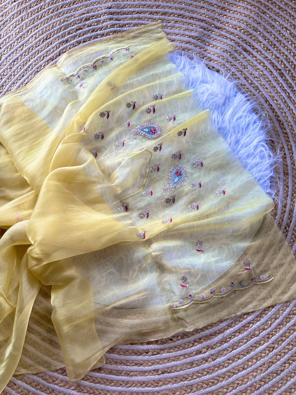 Yellow Super Soft Simmer Tissue Saree with Codding Sequins Embroidery & Peacock Paisley Butta