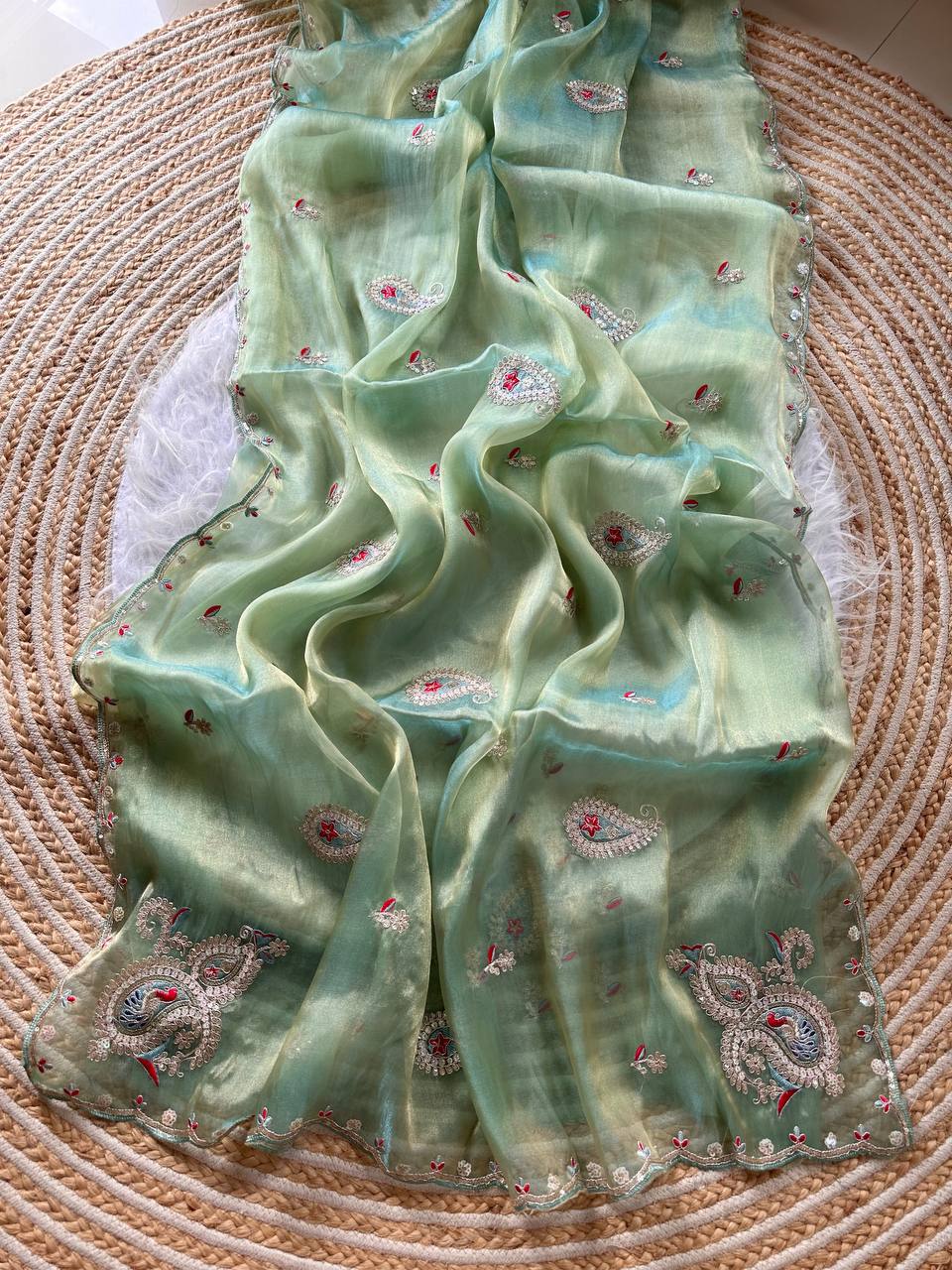 Pista Green Super Soft Simmer Tissue Saree with Codding Sequins Embroidery & Peacock Paisley Butta