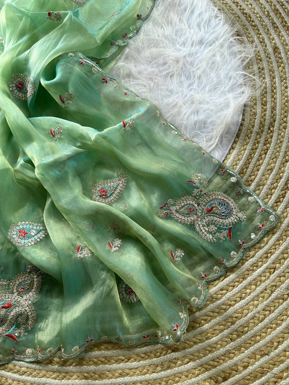 Pista Green Super Soft Simmer Tissue Saree with Codding Sequins Embroidery & Peacock Paisley Butta