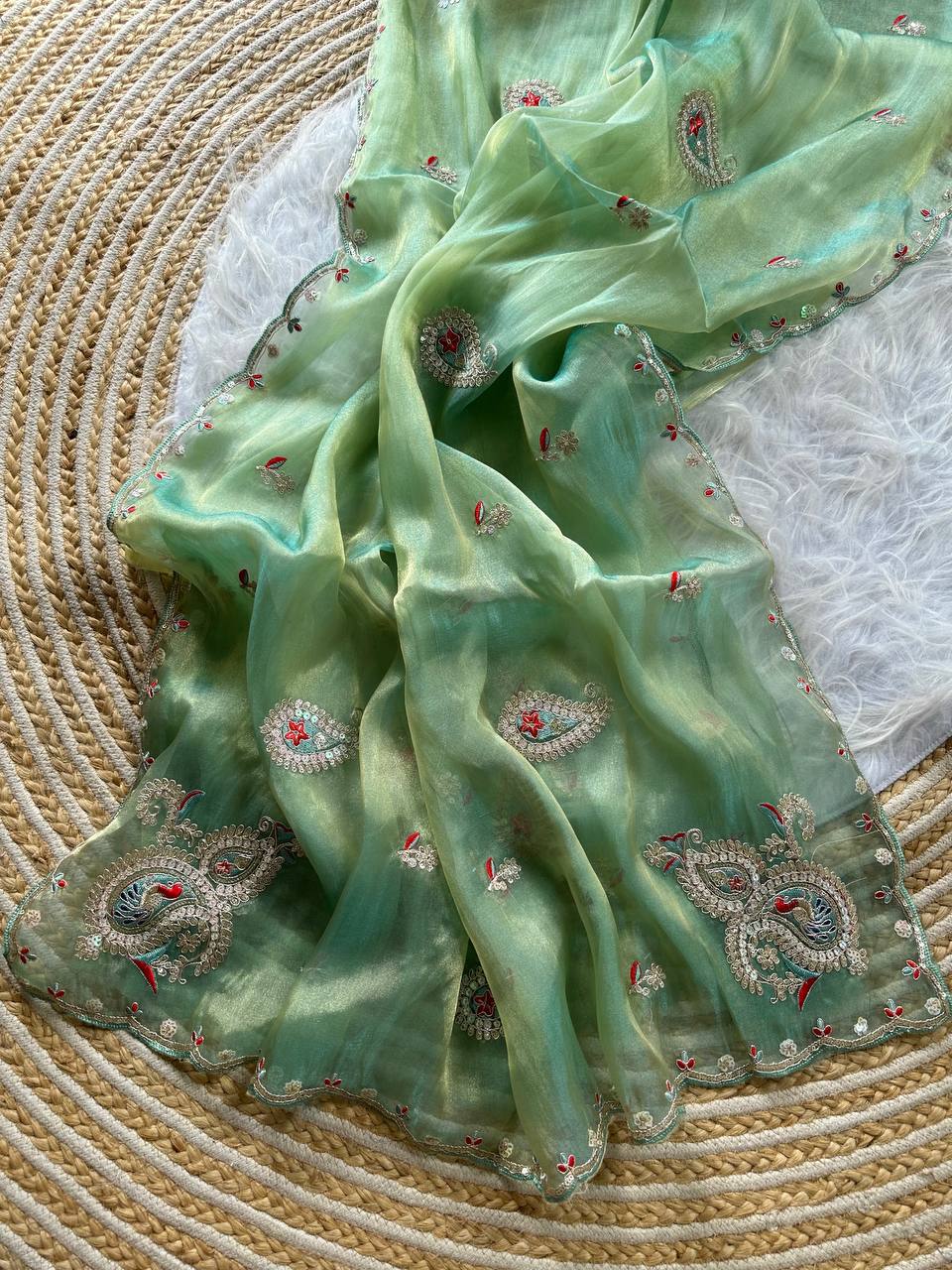 Pista Green Super Soft Simmer Tissue Saree with Codding Sequins Embroidery & Peacock Paisley Butta