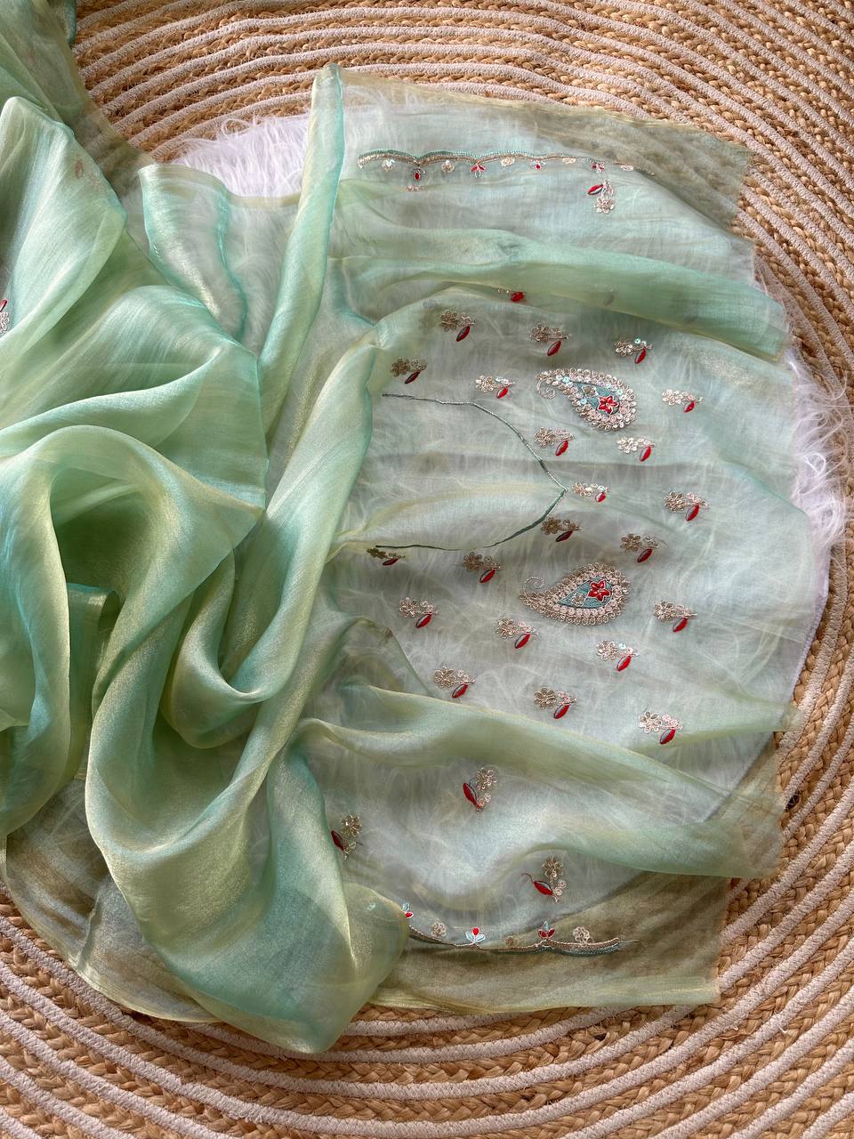 Pista Green Super Soft Simmer Tissue Saree with Codding Sequins Embroidery & Peacock Paisley Butta