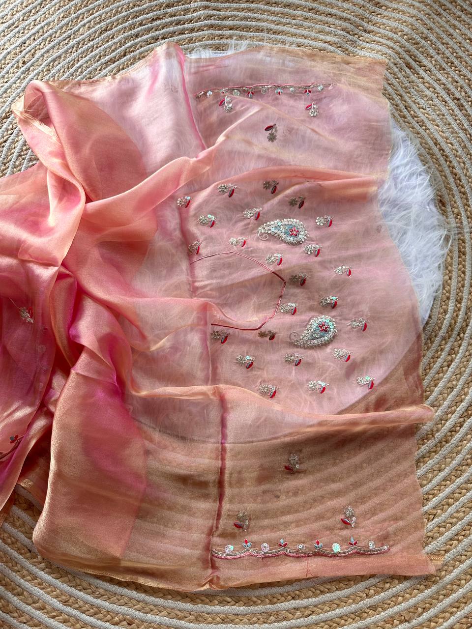 Coral Pink Super Soft Simmer Tissue Saree with Codding Sequins Embroidery & Peacock Paisley Butta
