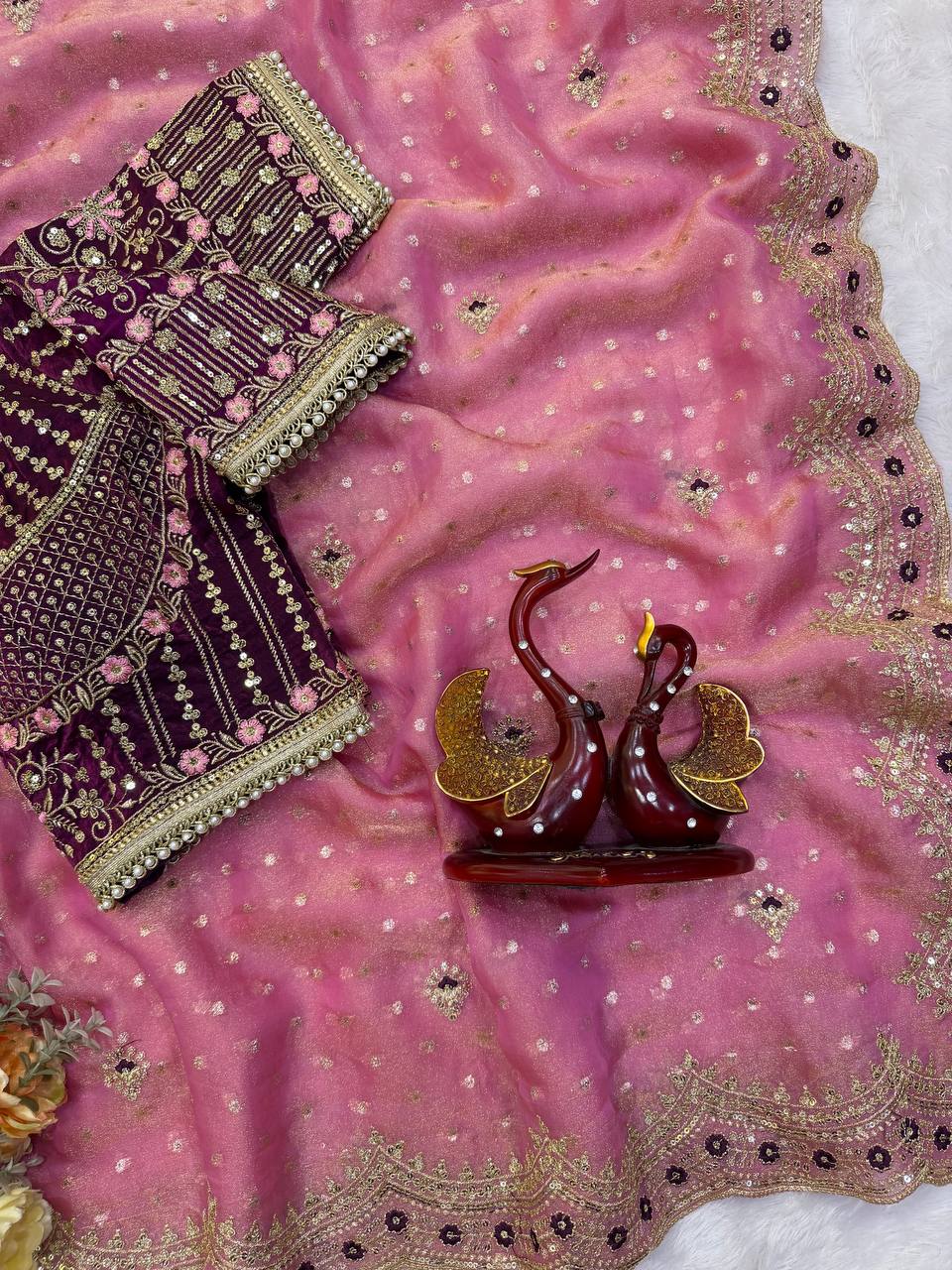 Antique Rose Pink NC Zari Butti Embroidery Work Border Saree