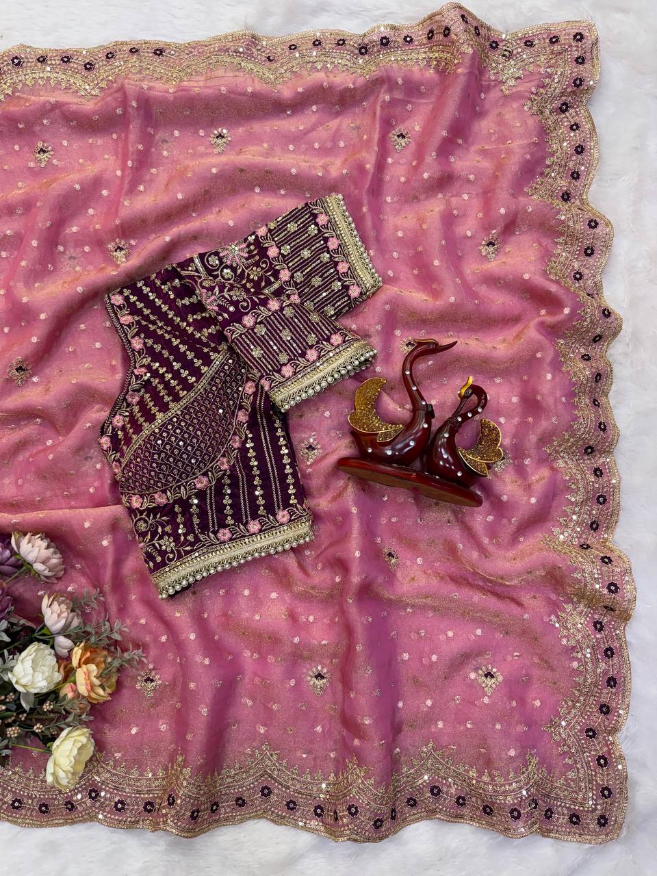 Antique Rose Pink NC Zari Butti Embroidery Work Border Saree