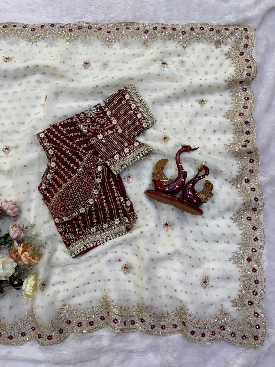 Pearl Off-White NC Zari Butti Embroidery Work Border Saree