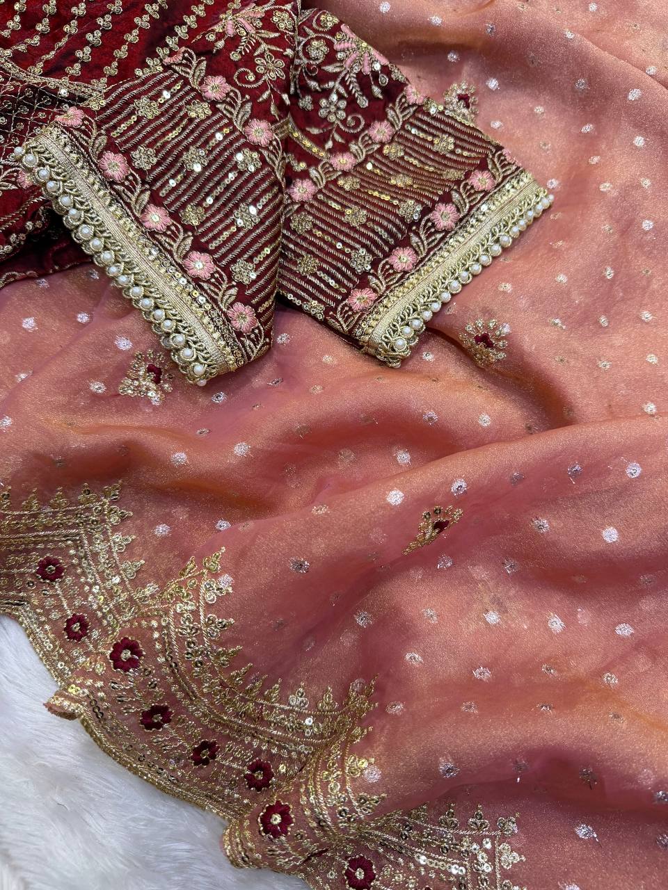 Warm Peach NC Zari Butti Embroidery Work Border Saree