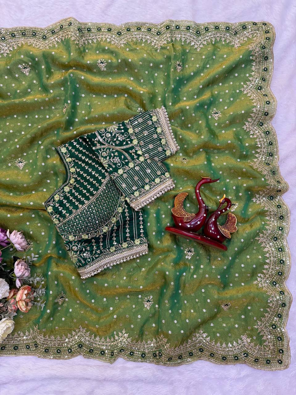 Olive Green NC Zari Butti Embroidery Work Border Saree