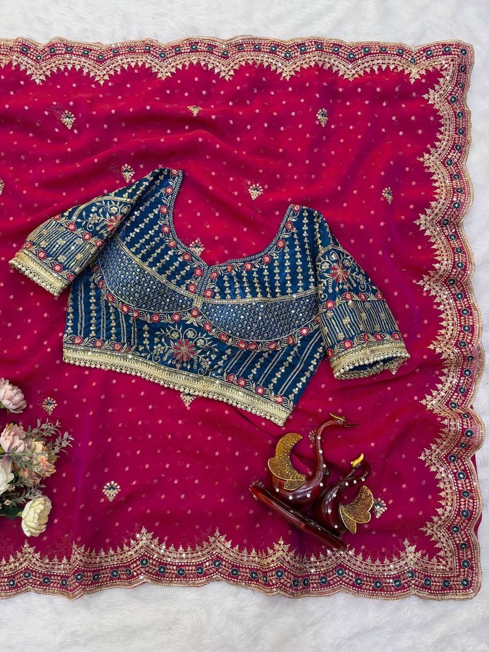 Magenta Pink NC Zari Butti Embroidery Work Border Saree