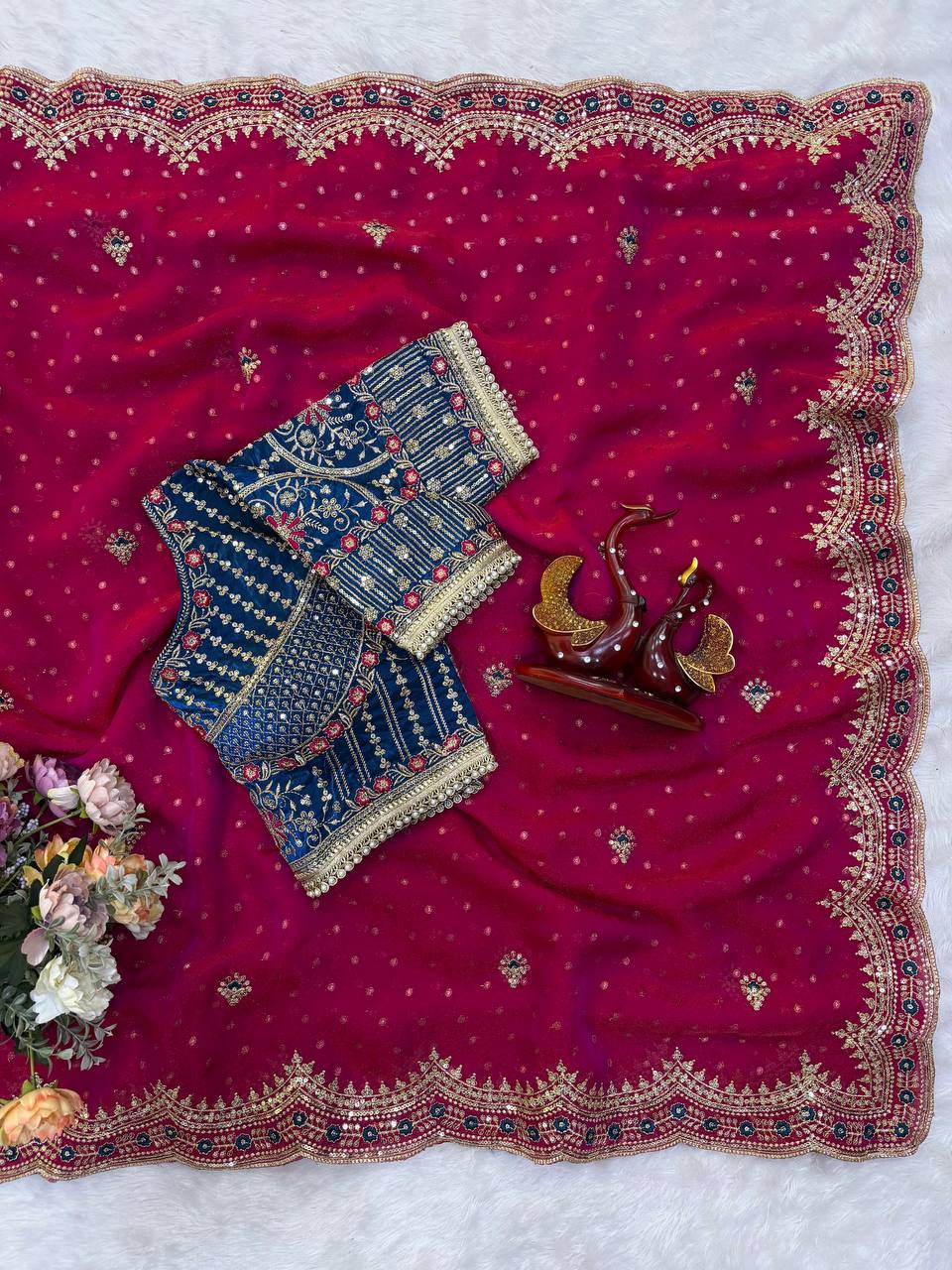 Magenta Pink NC Zari Butti Embroidery Work Border Saree