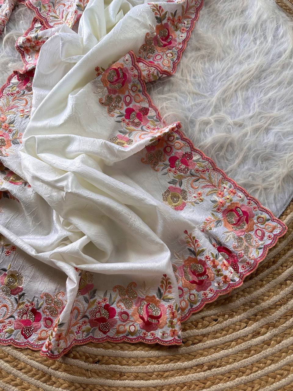 White Gulbano Pure Silky Crush Saree with Multicolor Viscose Embroidery & Italian Jarkhan Diamonds