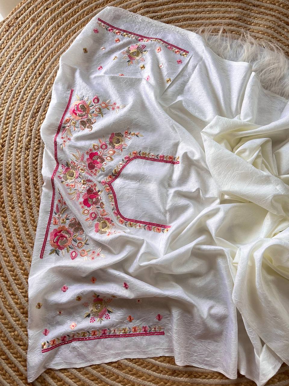 White Gulbano Pure Silky Crush Saree with Multicolor Viscose Embroidery & Italian Jarkhan Diamonds