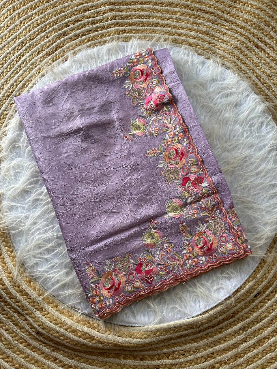 Lavender Gulbano Pure Silky Crush Saree with Multicolor Viscose Embroidery & Italian Jarkhan Diamonds