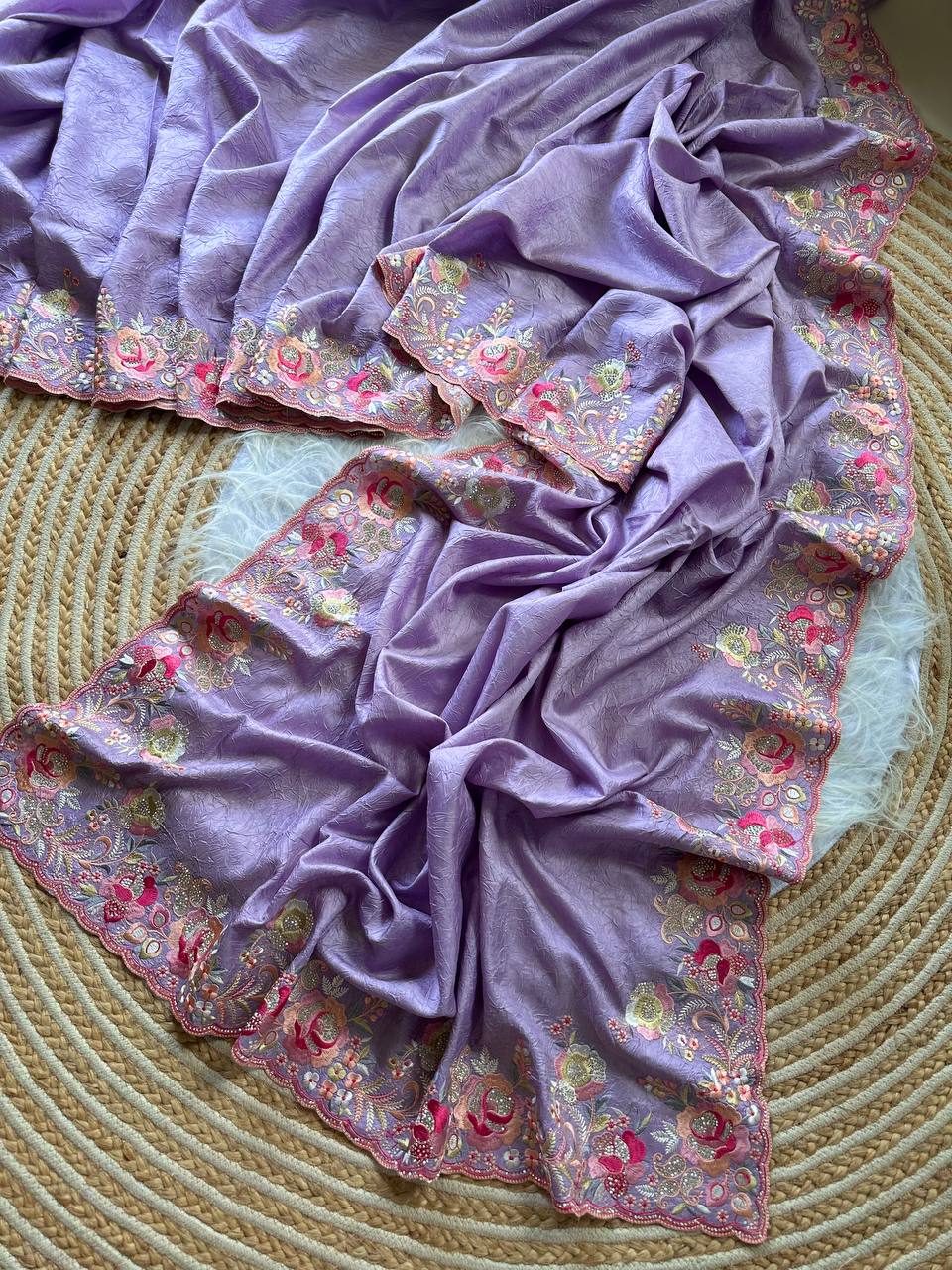 Lavender Gulbano Pure Silky Crush Saree with Multicolor Viscose Embroidery & Italian Jarkhan Diamonds