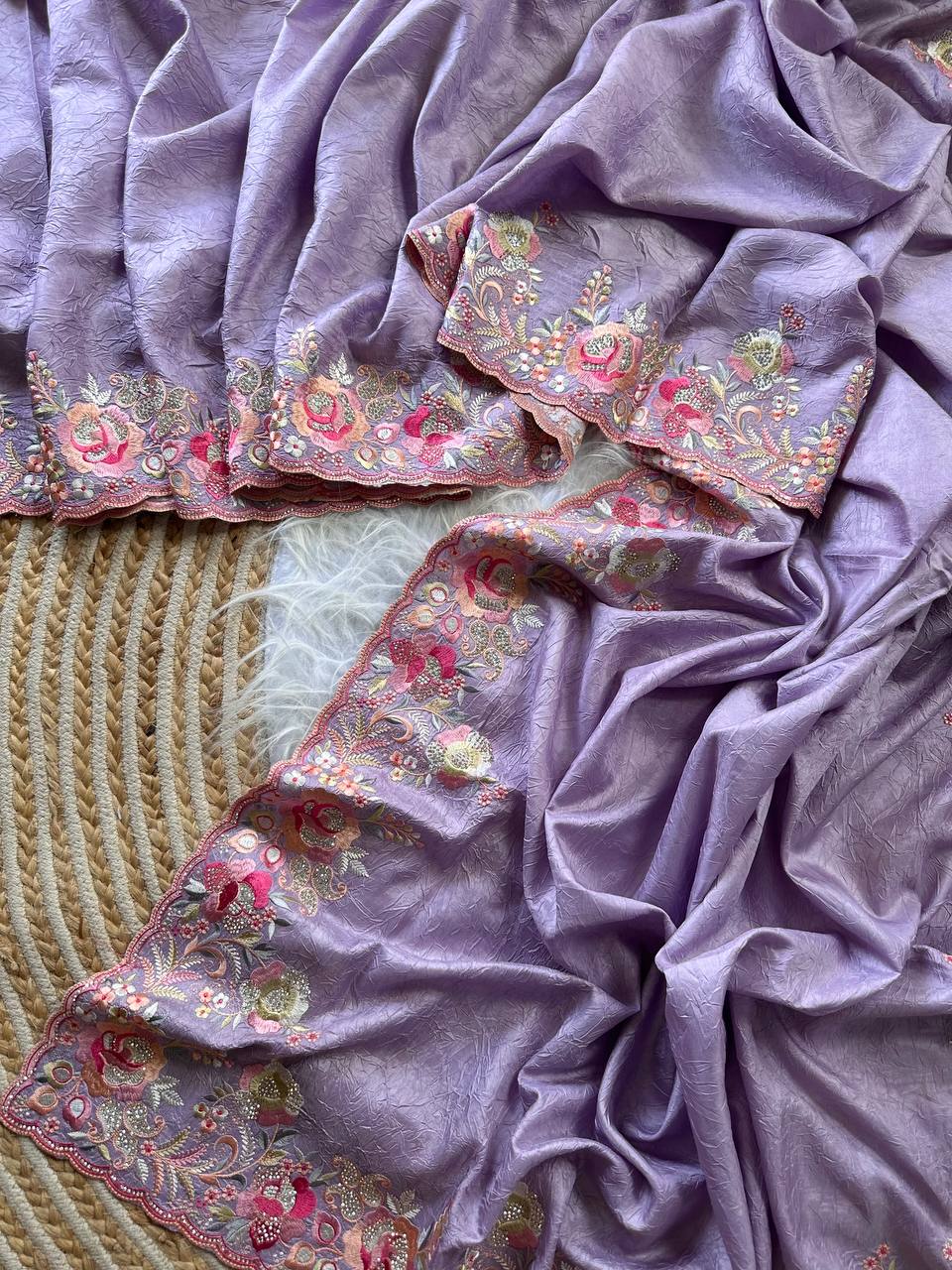 Lavender Gulbano Pure Silky Crush Saree with Multicolor Viscose Embroidery & Italian Jarkhan Diamonds