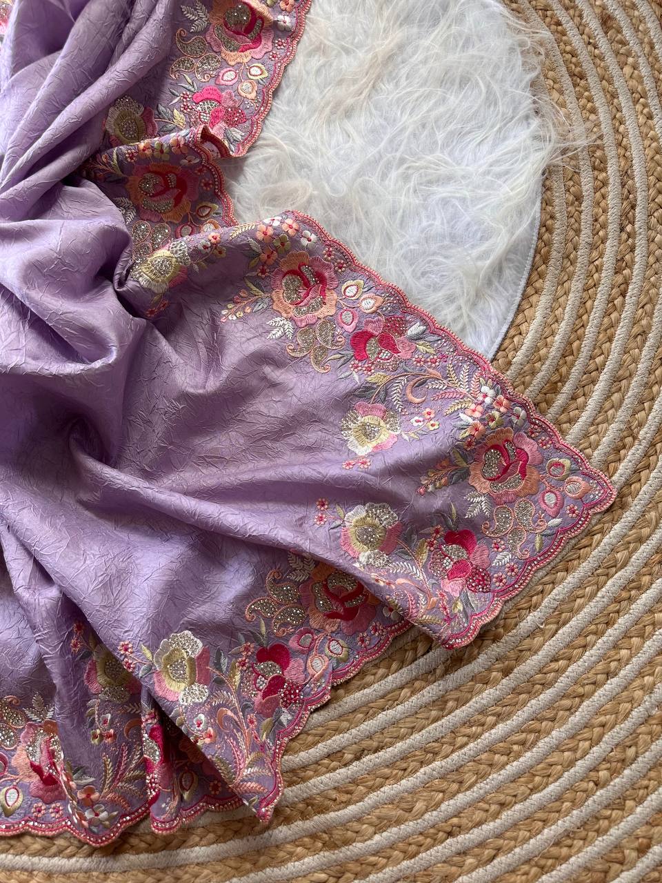 Lavender Gulbano Pure Silky Crush Saree with Multicolor Viscose Embroidery & Italian Jarkhan Diamonds