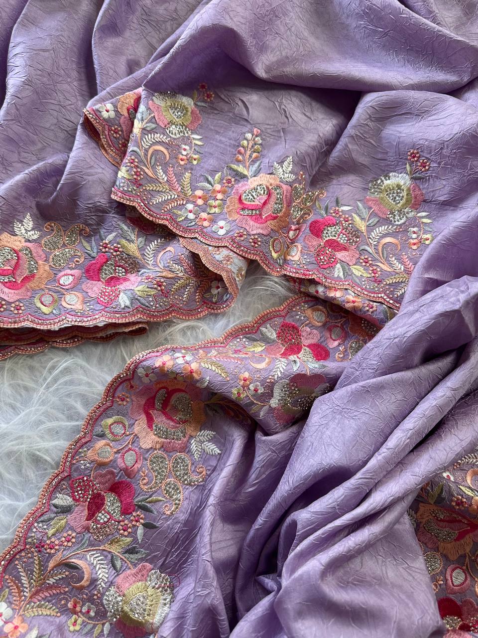 Lavender Gulbano Pure Silky Crush Saree with Multicolor Viscose Embroidery & Italian Jarkhan Diamonds