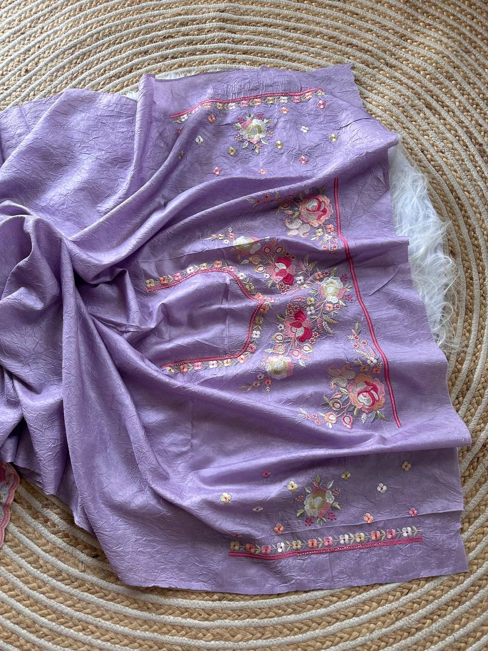 Lavender Gulbano Pure Silky Crush Saree with Multicolor Viscose Embroidery & Italian Jarkhan Diamonds