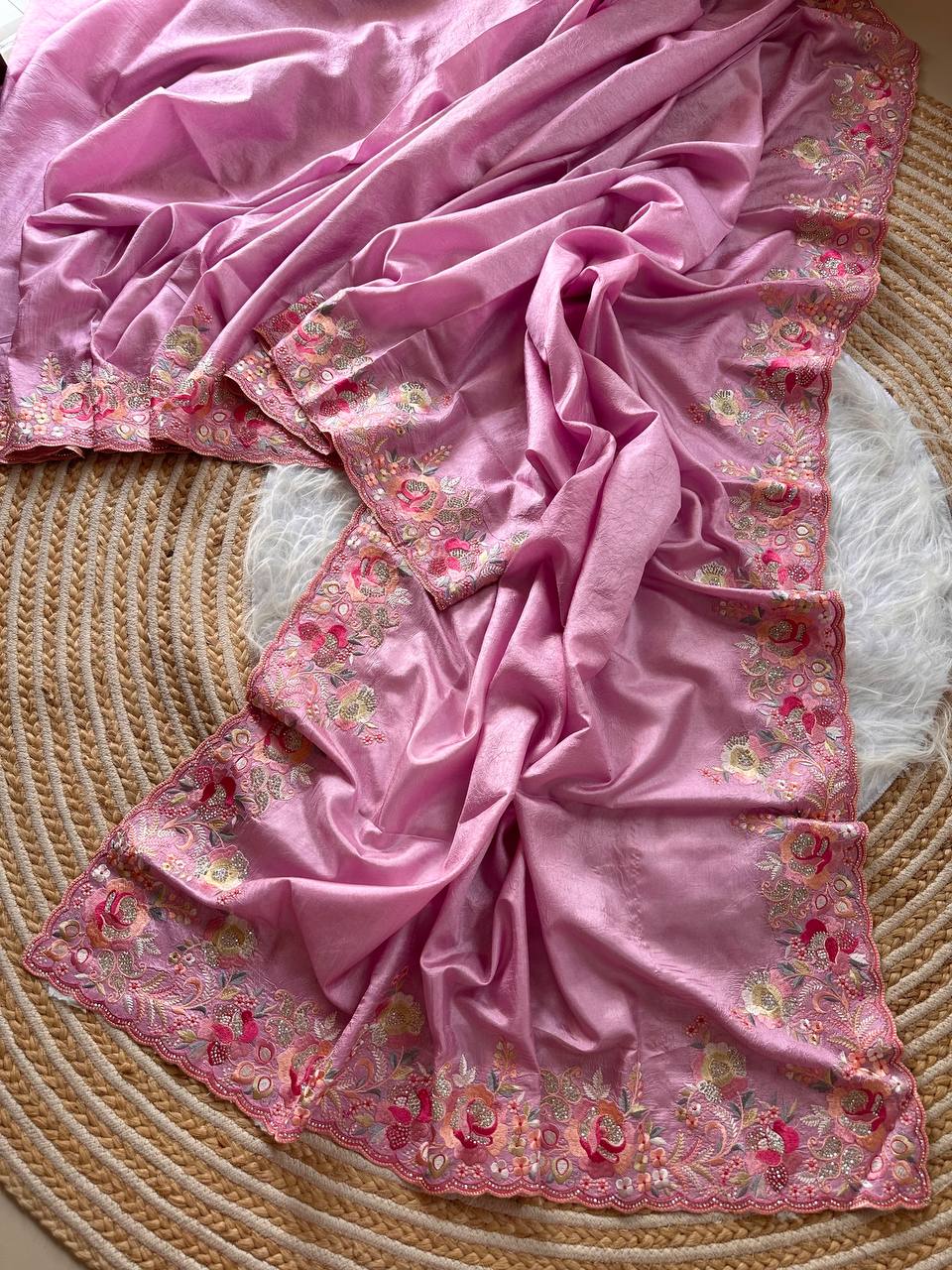 Pink Gulbano Pure Silky Crush Saree with Multicolor Viscose Embroidery & Italian Jarkhan Diamonds