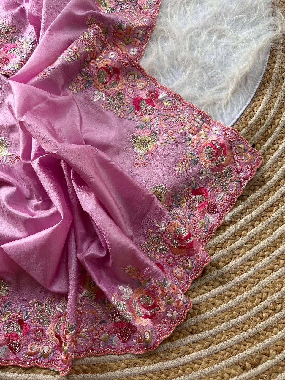 Pink Gulbano Pure Silky Crush Saree with Multicolor Viscose Embroidery & Italian Jarkhan Diamonds