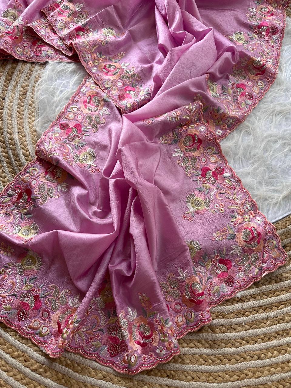 Pink Gulbano Pure Silky Crush Saree with Multicolor Viscose Embroidery & Italian Jarkhan Diamonds