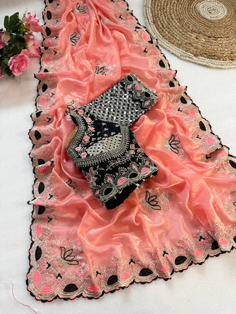 Peach Pink Pure Fancy Satin Saree with Black Real Mirror Stitched Blouse