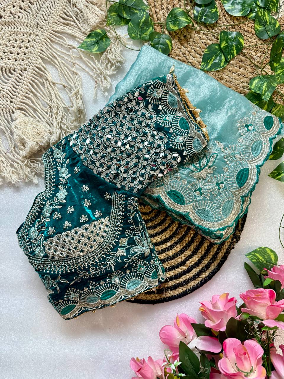 Sea Green Pure Fancy Satin Saree with Peacock Blue Real Mirror Stitched Blouse