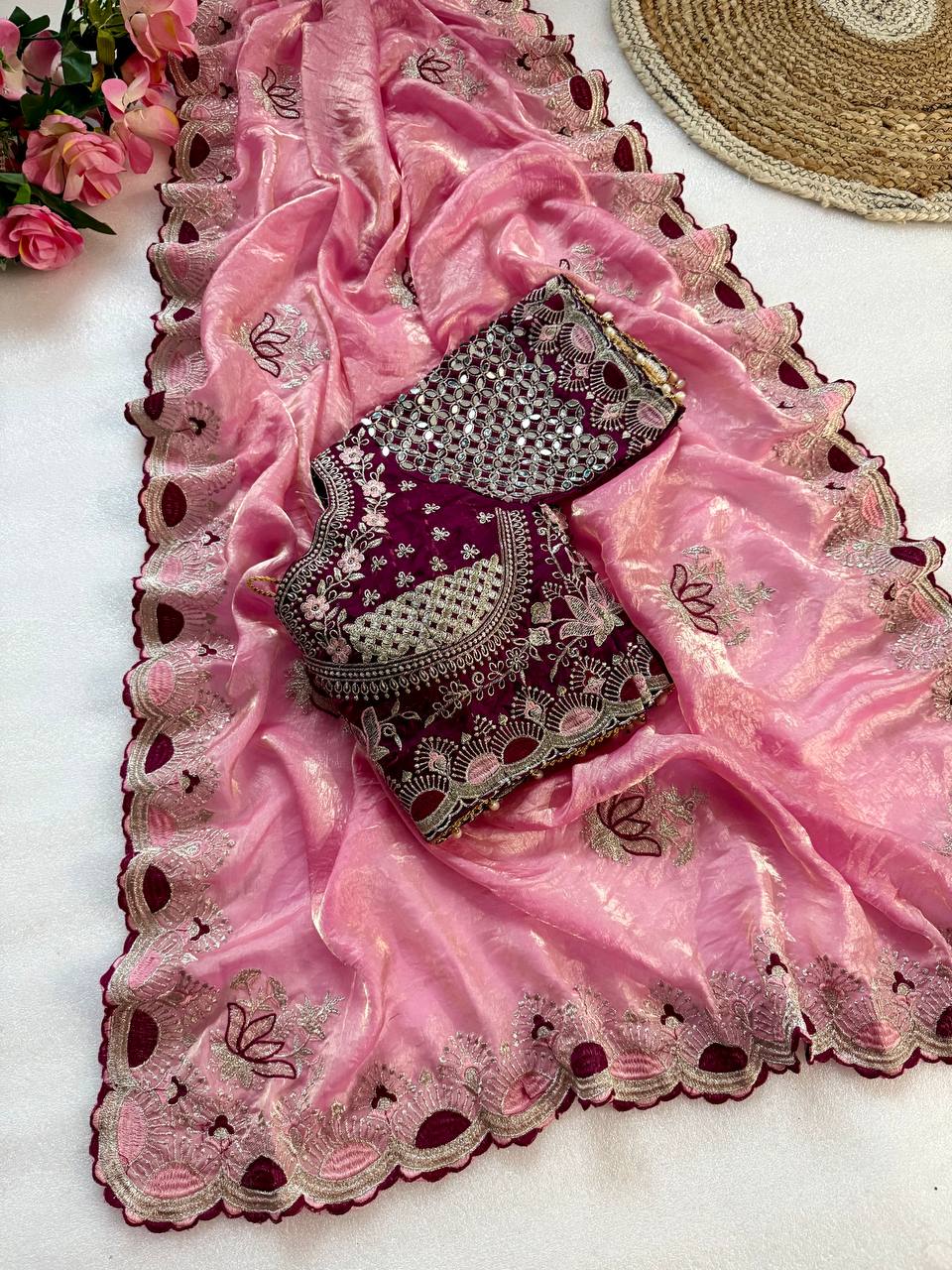 Dusty Pink Pure Fancy Satin Saree with Wine Maroon Real Mirror Stitched Blouse