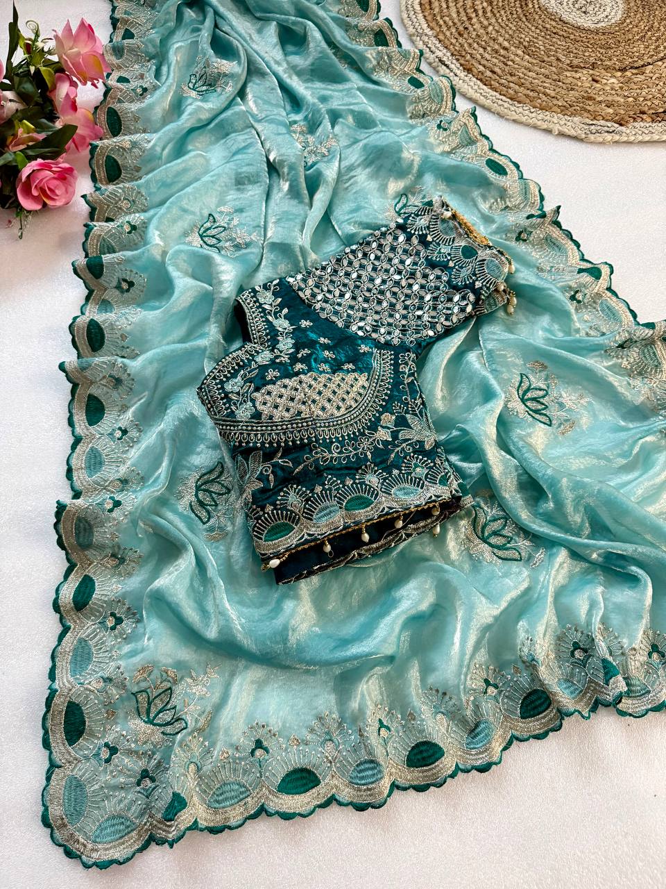 Sea Green Pure Fancy Satin Saree with Peacock Blue Real Mirror Stitched Blouse