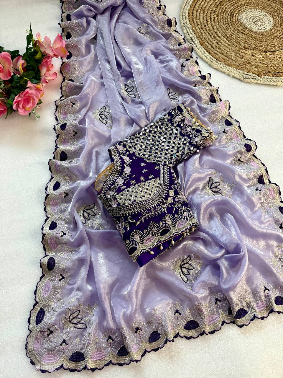 Light Purple Pure Fancy Satin Saree with Deep Purple Real Mirror Stitched Blouse