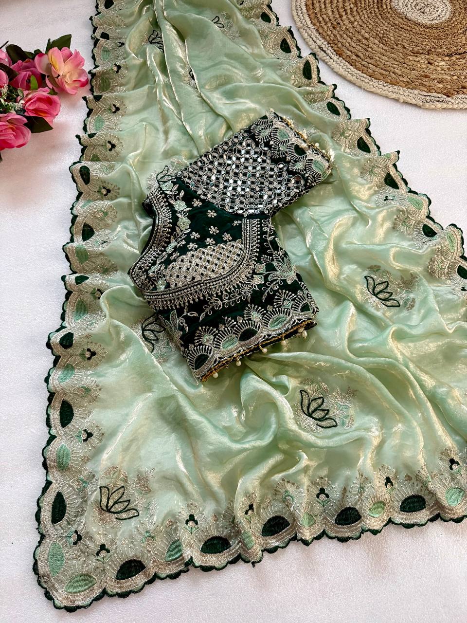 Pista Green Pure Fancy Satin Saree with Emerald Green Real Mirror Stitched Blouse