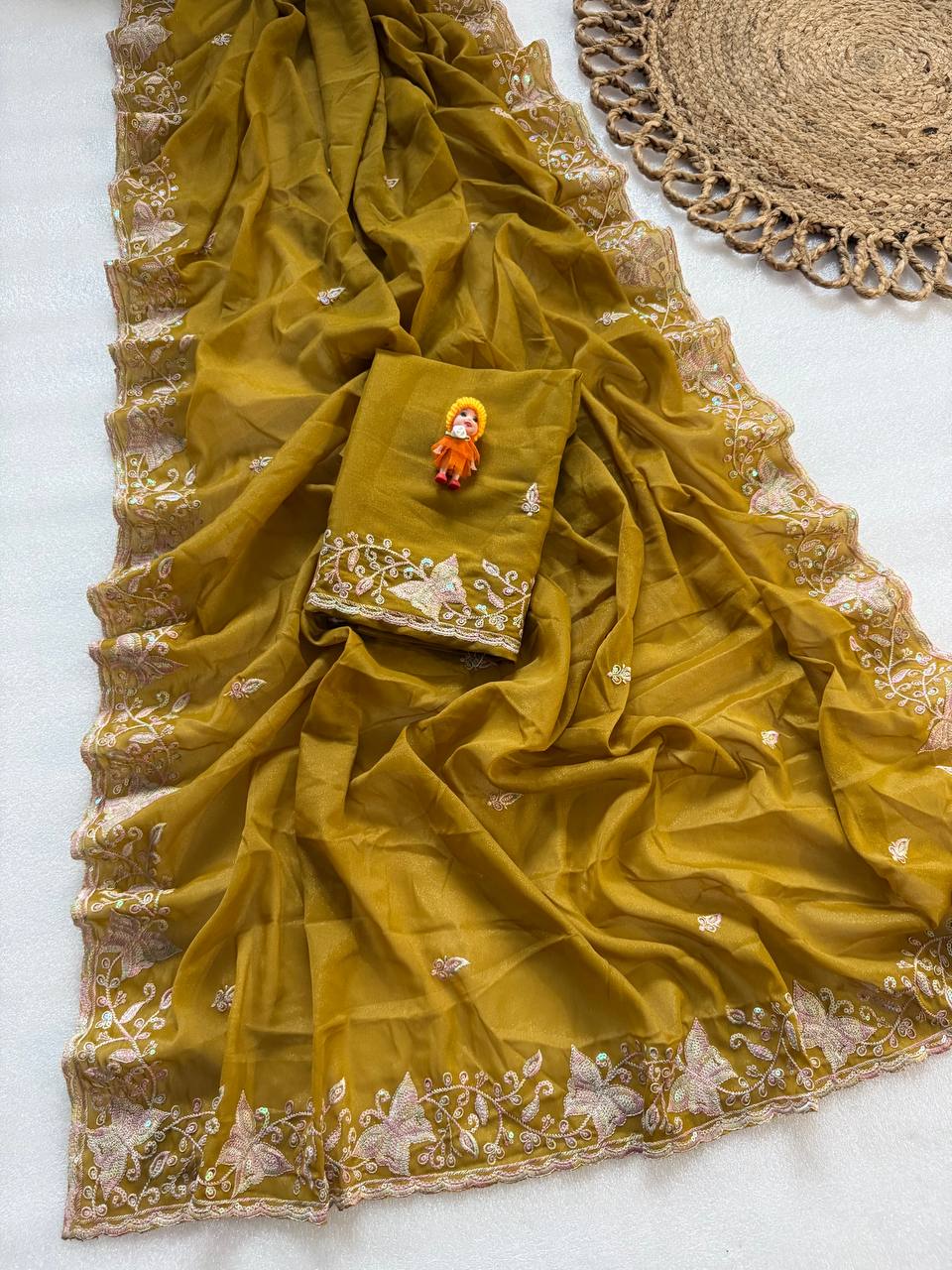 Mustard Olive Pure Star Georgette Saree with Butterfly Embroidery & Cutwork Border