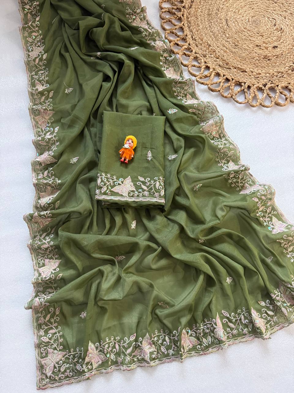 Olive Green Pure Star Georgette Saree with Butterfly Embroidery & Cutwork Border