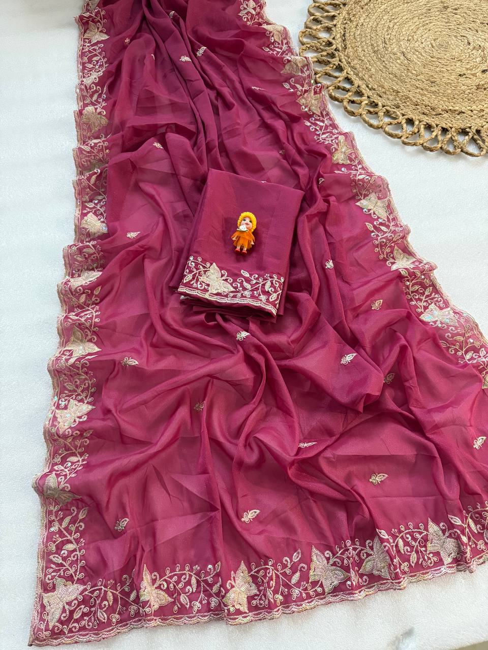 Plum Magenta Pure Star Georgette Saree with Butterfly Embroidery & Cutwork Border
