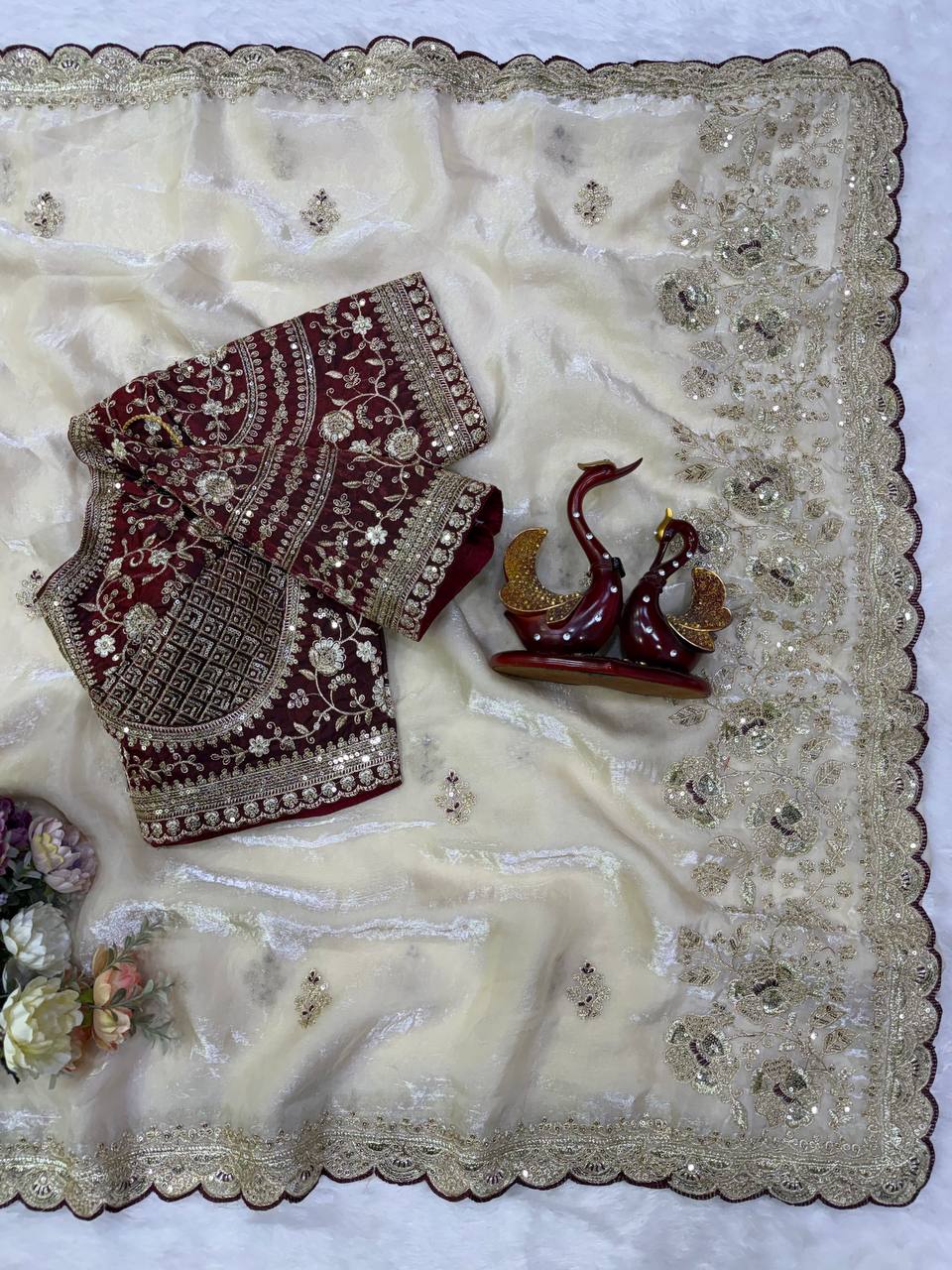 Off-White Silk Saree with Contrast Blouse