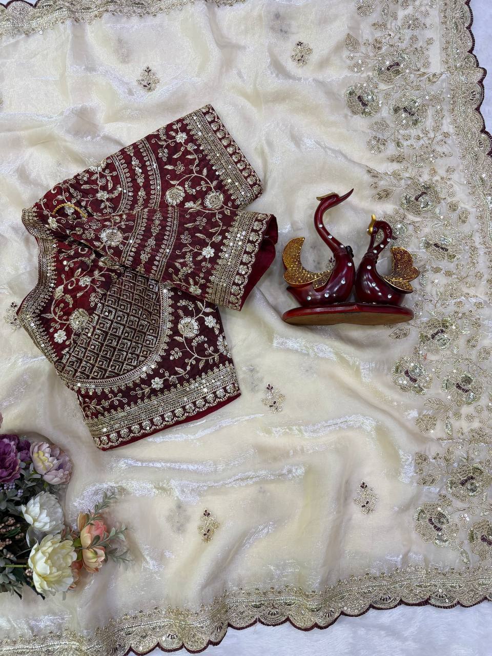 Off-White Silk Saree with Contrast Blouse