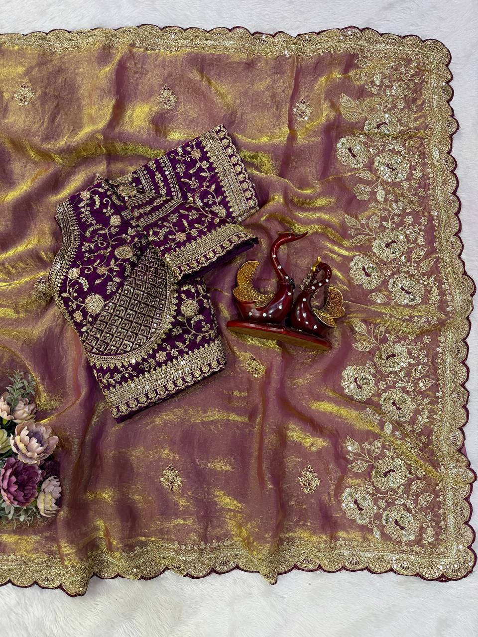 Women's Dusty Rose Saree With Gold Zari Floral Scalloped Border