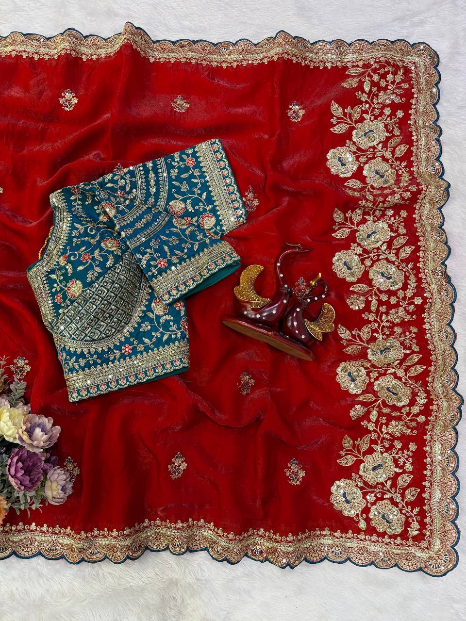 Crimson Red Silk Saree with Contrast Blouse
