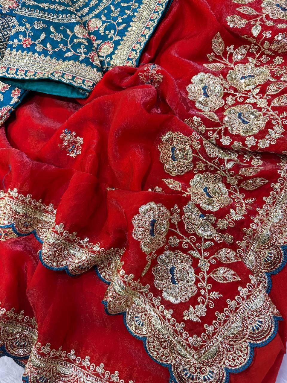 Crimson Red Silk Saree with Contrast Blouse