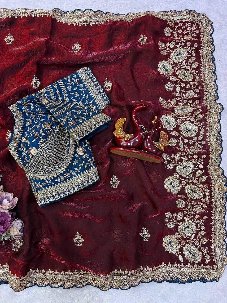 Wine Maroon Metallic Organza Saree with Royal Blue Designer Blouse Piece