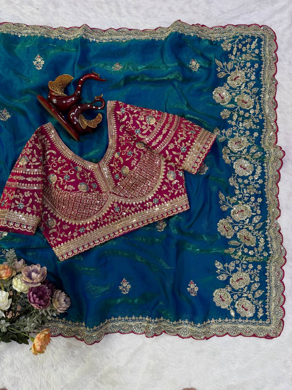 Peacock Teal Embroidered Saree with Contrast Magenta Heavy Blouse Piece